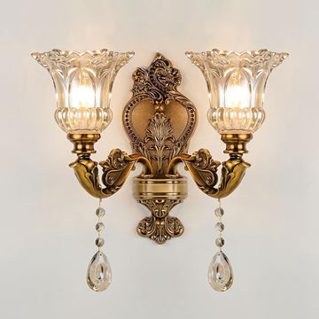 Vintage Glass Wall Sconce, Elegant Brass Wall Light, Crystal Floral Bedside Wall Lamp, Wall Mounted Lamp for