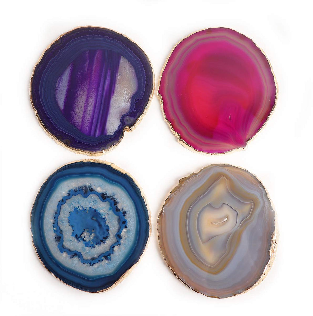 Mixed Color Agate Coasters Set of 4, Dyed Crystal Coaster for Drinks, Geode Agate Slice with Gold Edge, with Rubber