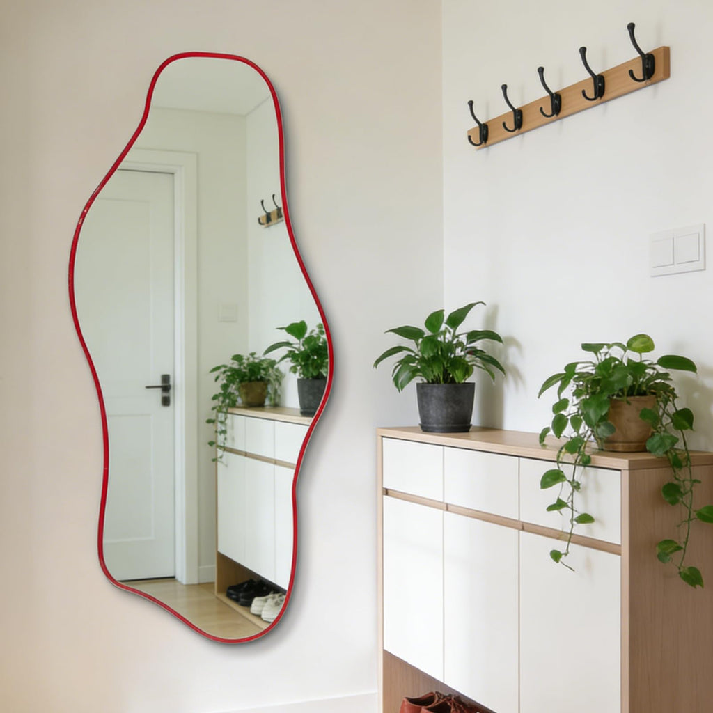 47"x24" Irregular Wall Mirror, Red Asymmetrical Frameless Mirror