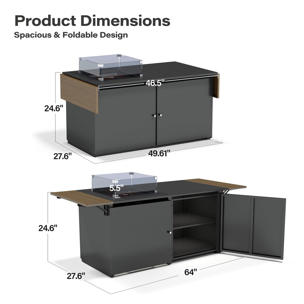 Propane Fire Pit Table 64 Inch with Lid, 60, 000 BTU Gas Fire Pits for Outside Patio with Glass Wind Guard, Dark Grey