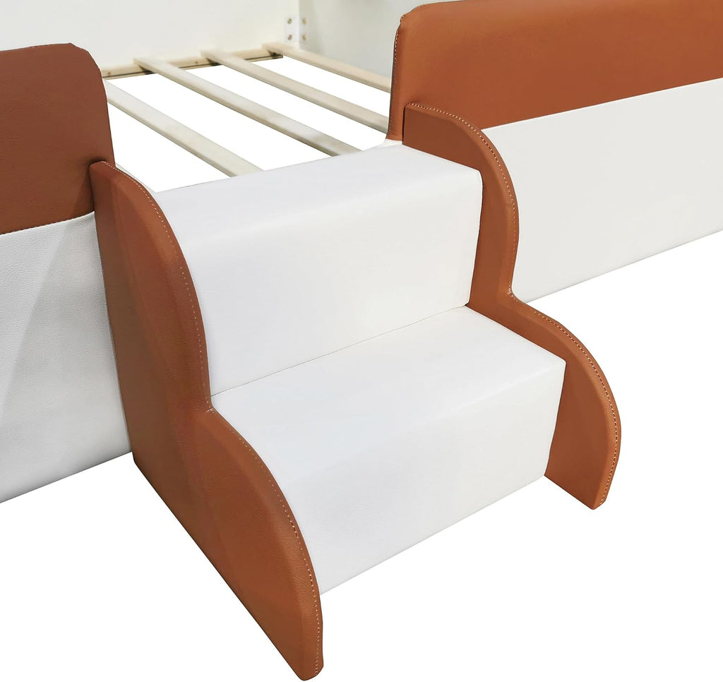 Queen Size Upholstered Daybed Frame with Fence and Stairs, Montessori Kids Floor Bed with Sturdy Slat Support for