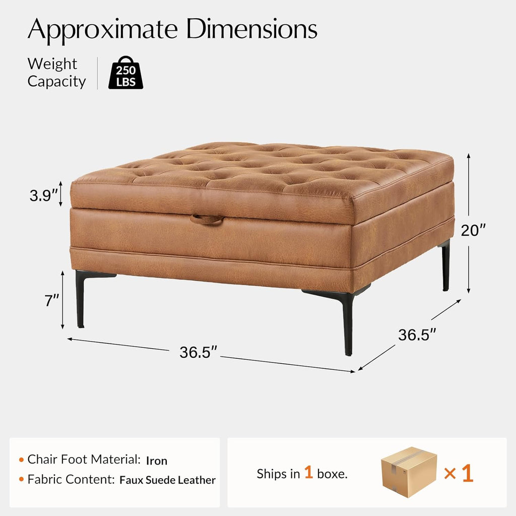 Tufted Faux Leather Coffee Table, Camel | 36.5" Square Storage Ottoman with Metal Legs, Large Upholstered Ottoman for