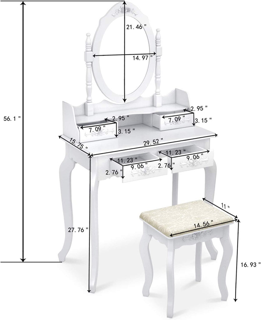 Vanity Table Set, 4 Drawers Makeup Table with Oval Mirror & Stool, Bedroom Wood Dressing Table White