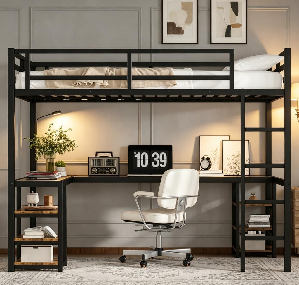 Twin XL Size Loft Bed with Desk and Shelves, Metal Twin XL loft bedframe with L Desk and 6 Storage Shelves, Black