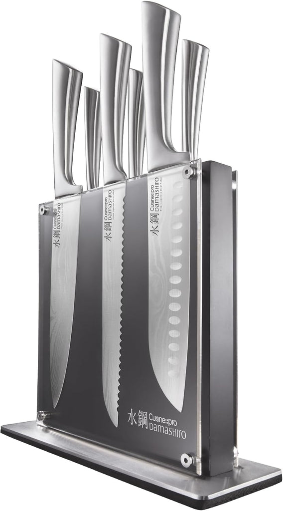 Damashiro Knife Block (Kumi, 7-Piece Chef Knife Set) - Japanese Steel Knife - Magnetic Knife Block- Damascus-Inspired