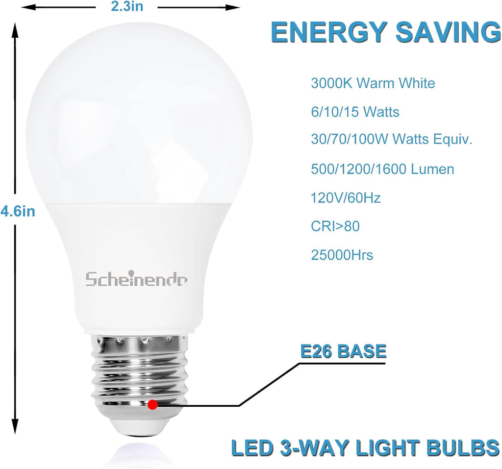 3-Way Led Light Bulbs 30 70 100 Watt Equiv, A19 E26 Bulb, Warm White,4PK