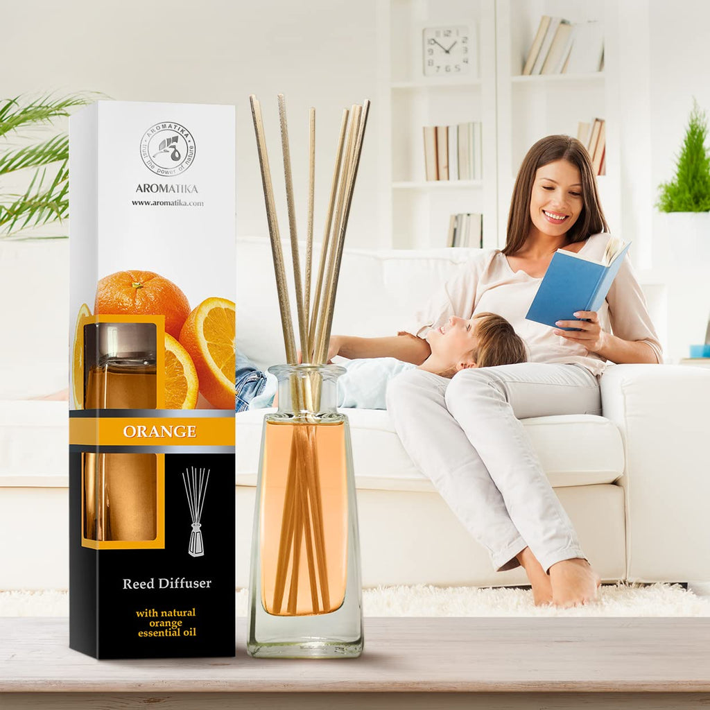 Orange Diffuser w/Orange Oil 3.4 Fl Oz - Fresh Room - Long Lasting Fragrance - Scented Reed Diffuser Orange