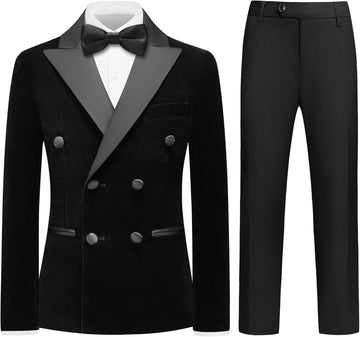 Boys Velvet Tuxedo Suit Double Breasted Formal 3 Piece Kid Suit Set