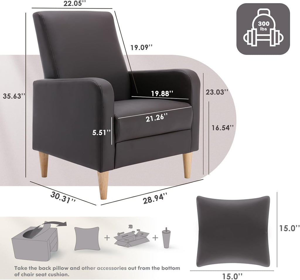 Mid-Century Modern Accent Chairs, Faux Leather Upholstered Living Room Chairs with Back Pillow & Solid Wood - Set of 2