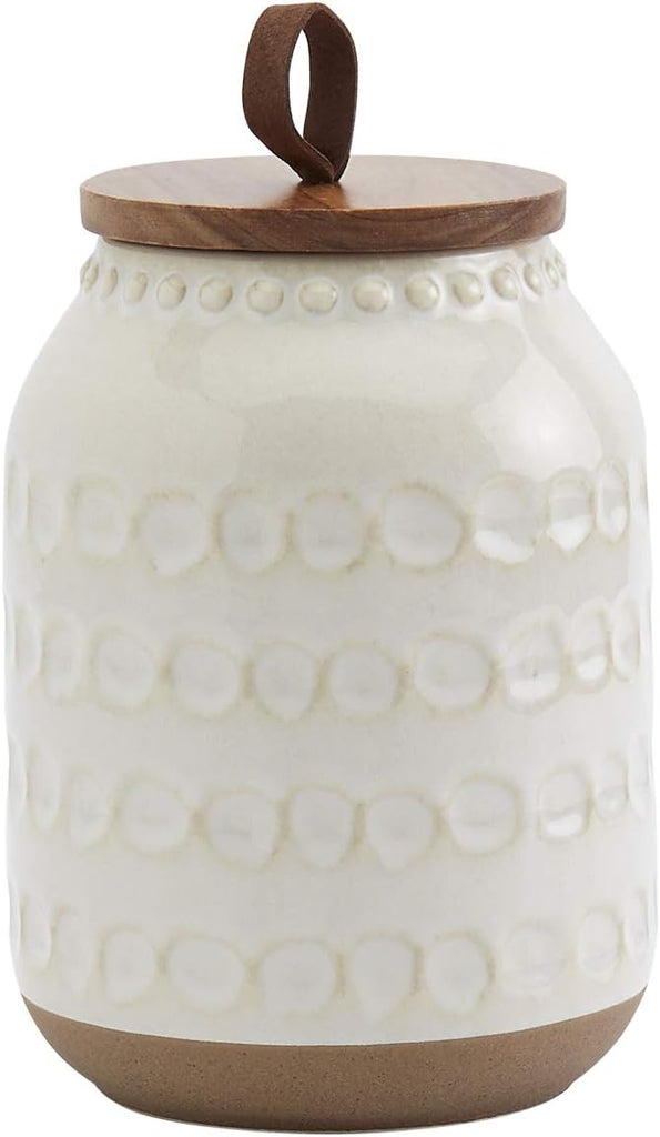 Tabletops Gallery Ceramic Canister Collection- Stoneware Designed Kitchen Storage Embossed Acacia Wood White Set, 3 - Set of 3