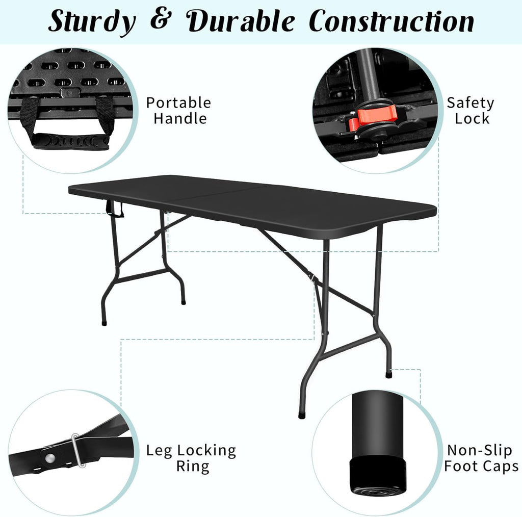 Folding Table 6ft, Foldable Table with Built in Handle & Steel Legs, Smooth HDPE Tabletop, Heavy Duty Folding