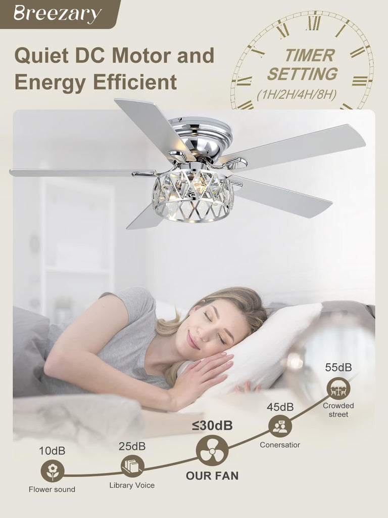 52 Inch Flush Mount Ceiling Fans with Lights and Remote, 5-Blade, 6-Speed Reversible DC Motor, Modern Low Profile