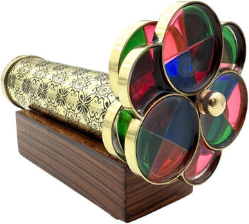 Brass Kaleidoscope Vintage Decorative Dual Wheels Wooden Stand