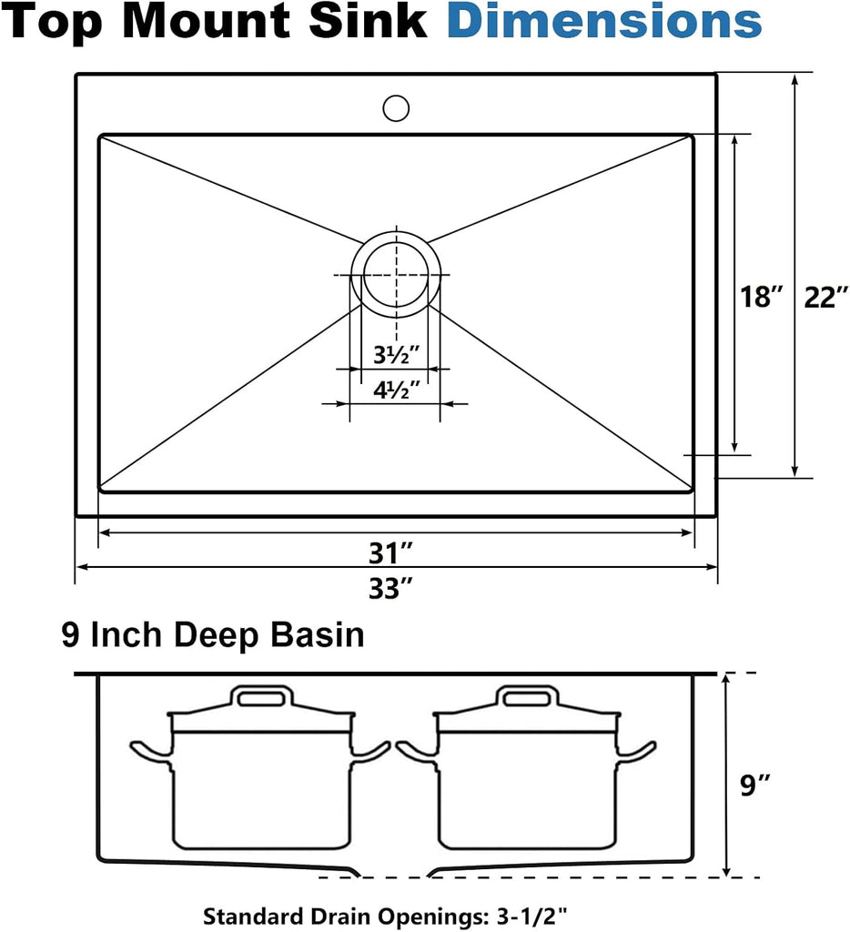 33x22 Inch Drop Sink Workstation, 33 Inch All In One SUS304 Stainless Steel Top Mount Single Bowl Overmount Double