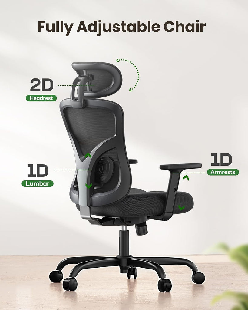 Ergonomic Office Chair Ergonomic Gaming Chair with Lumbar Support, 2D Headrest, Adjustable Armrests, Contoured Seat