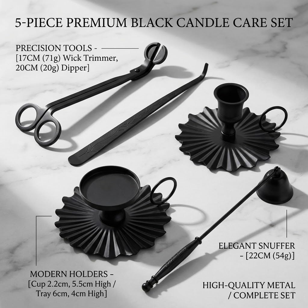 Candle Accessory Set - Wick Trimmer, Snuffer, Dipper, Lighter, Candle Holder - Stainless Steel - Set of 5