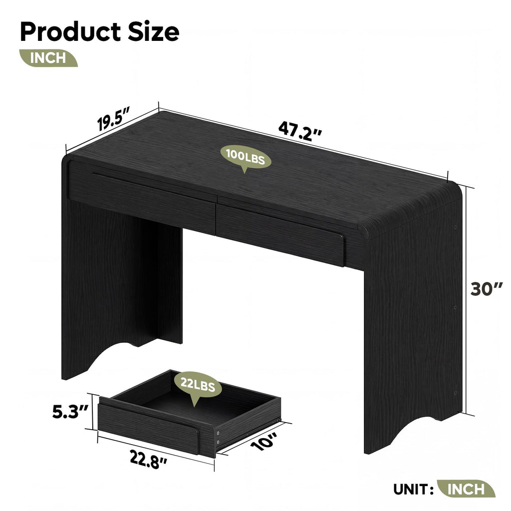 47" Computer Desk with 2 Drawers, Modern Wood Writing Desks, Black