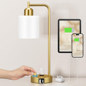 Gold Lamp - Industrial Bedside Table Lamp with USB Port and Outlet, Fully Dimmable Nightstand Lamp with Opal Glass