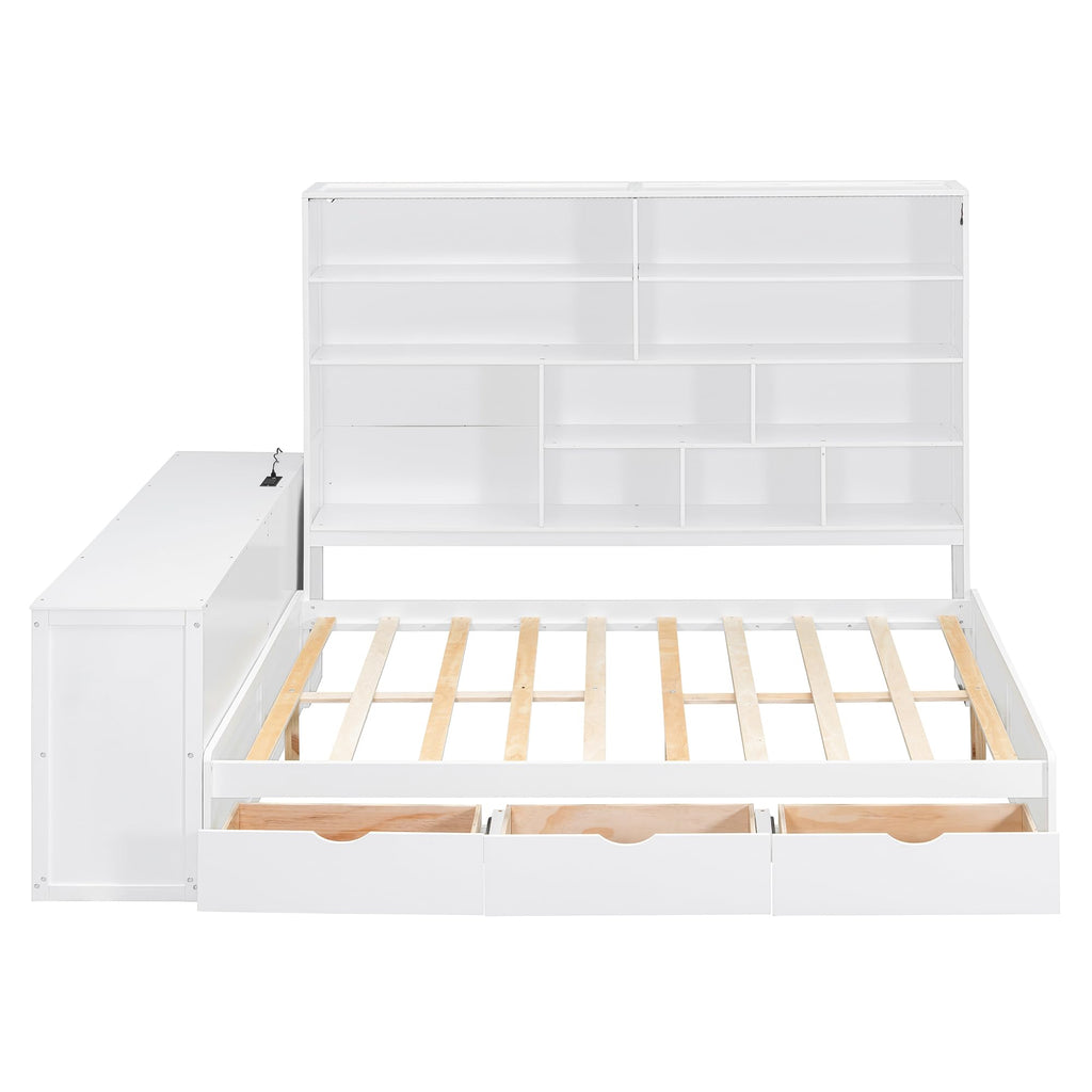Full Size Wooden Daybed with Desk, Shelves and Lights (White/L, Full)
