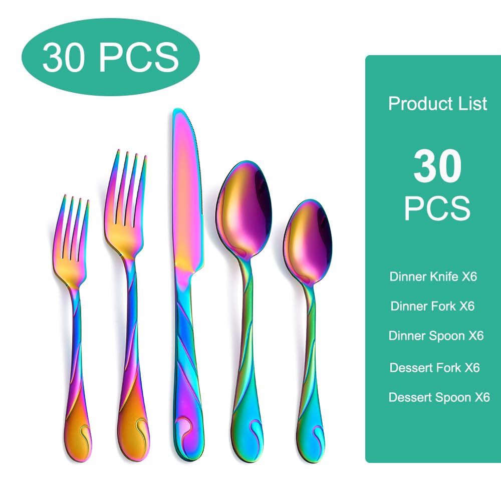 Rainbow Silverware Set, 30-Piece Stainless Steel, Service for 6