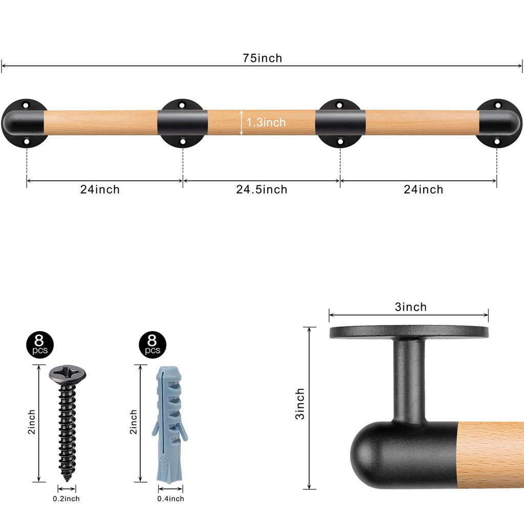 75 Inch Wood Handrail Wall Mount Handrails for Indoor Stairs
