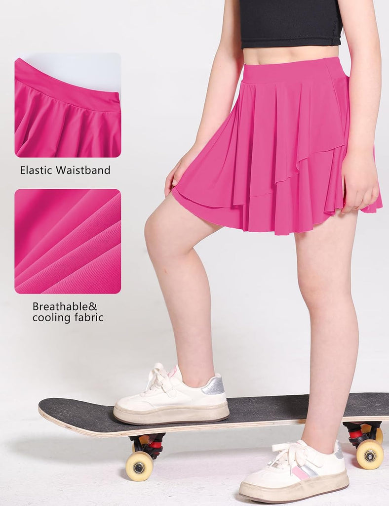 Girls Tennis Skirts Layered Ruffle Athletic Flowy Skirts with Pocket Skorts for Girls