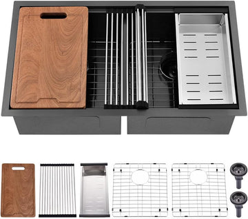 33 Inch Black Double Bowl Undermount Kitchen Sink Workstation 50/50 | 33x19 Double Bowl Kitchen Sink 16 Gauge Black
