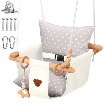 Baby Swing - Outdoor & Indoor, Cozy Toddler Swing for Backyard, Hanging Swing Seat Chair, Cotton Canvas & Beech Wood