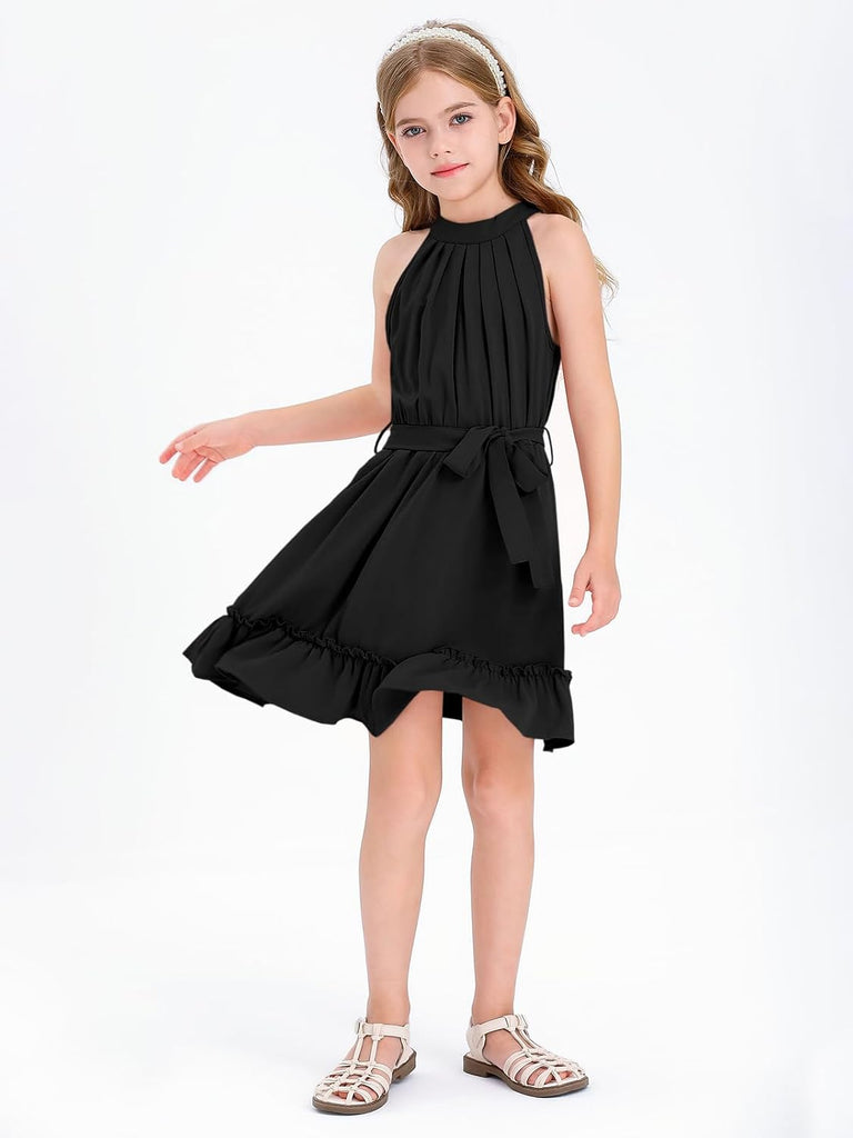 Girl's Halter Summer Dress Tween Tie Waist Pleated Dresses