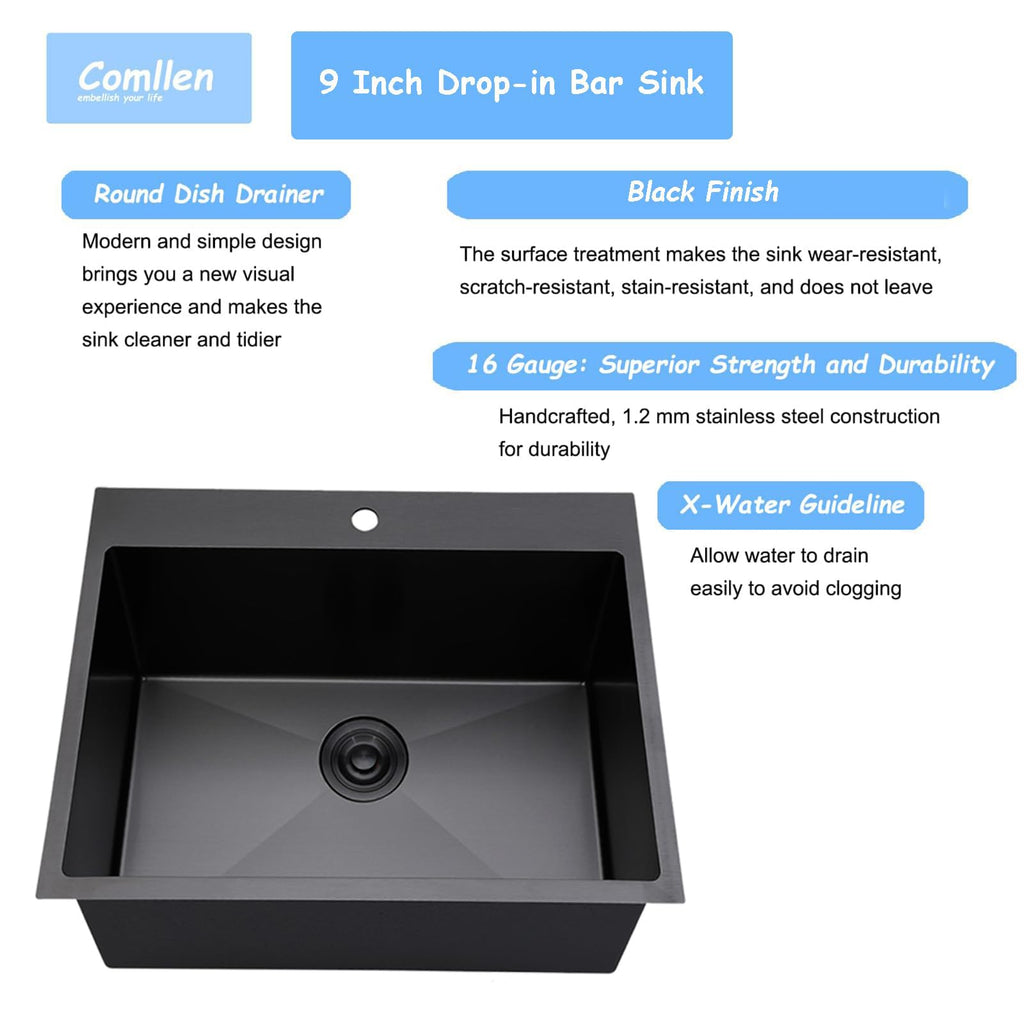 18x18 Inch Drop in Black Bar Sink, Top Mount Handmade 16 Gauge Stainless Steel Small Black Kitchen Sink, 9 Inch Deep