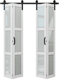 64" x 84" Frosted Glass Bifold Sliding Barn Door with Hardware Kit Included, Pre-Assembled Solid Cor