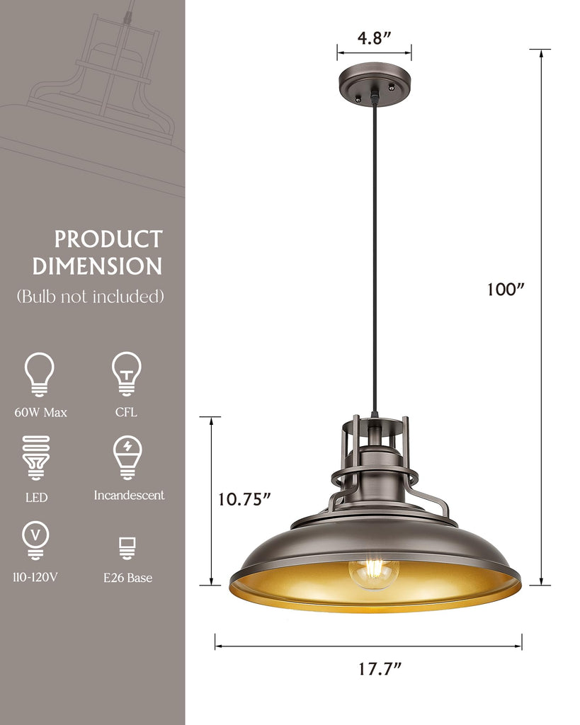 18" Outdoor Pendant Lights for Porch, Farmhouse Pendant Light, Barn Vintage Hanging Light Fixture Island, Adjustable