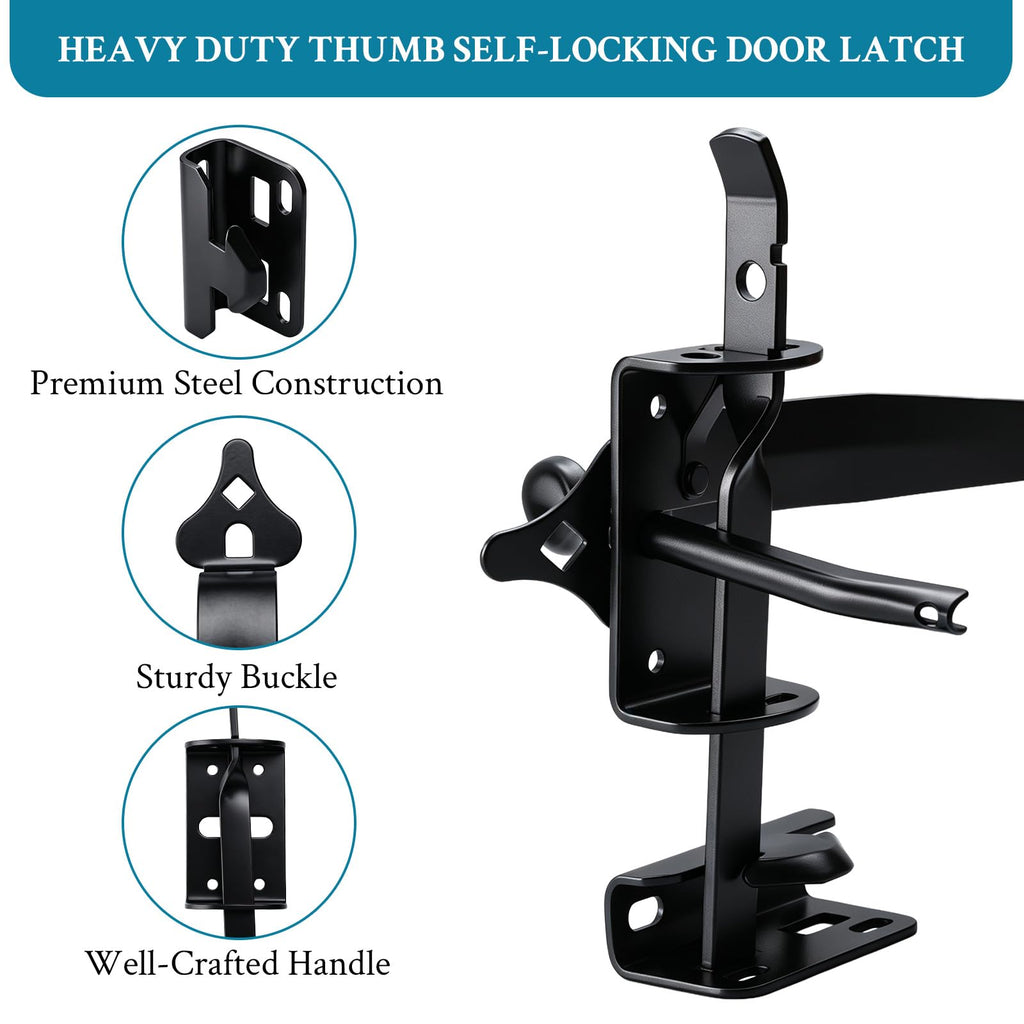 8 Inch Gate Hinge and Thumb Latch Set, Heavy Duty Strap Fence Hinges Hardware Kit, Rustproof Matte Black Steel for