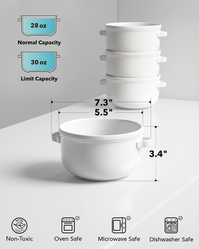 Soup Bowls With Handles 28 oz, French Onion Soup Bowl for Chili, Beef Stew, Cereal, Ceramic Soup Crocks oven Safe