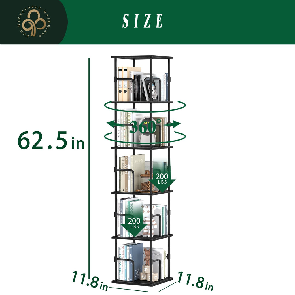 5-Tier Rotating Bookshelf, Freestanding Corner Bookshelf Industrial Style Storage Rack with Rails