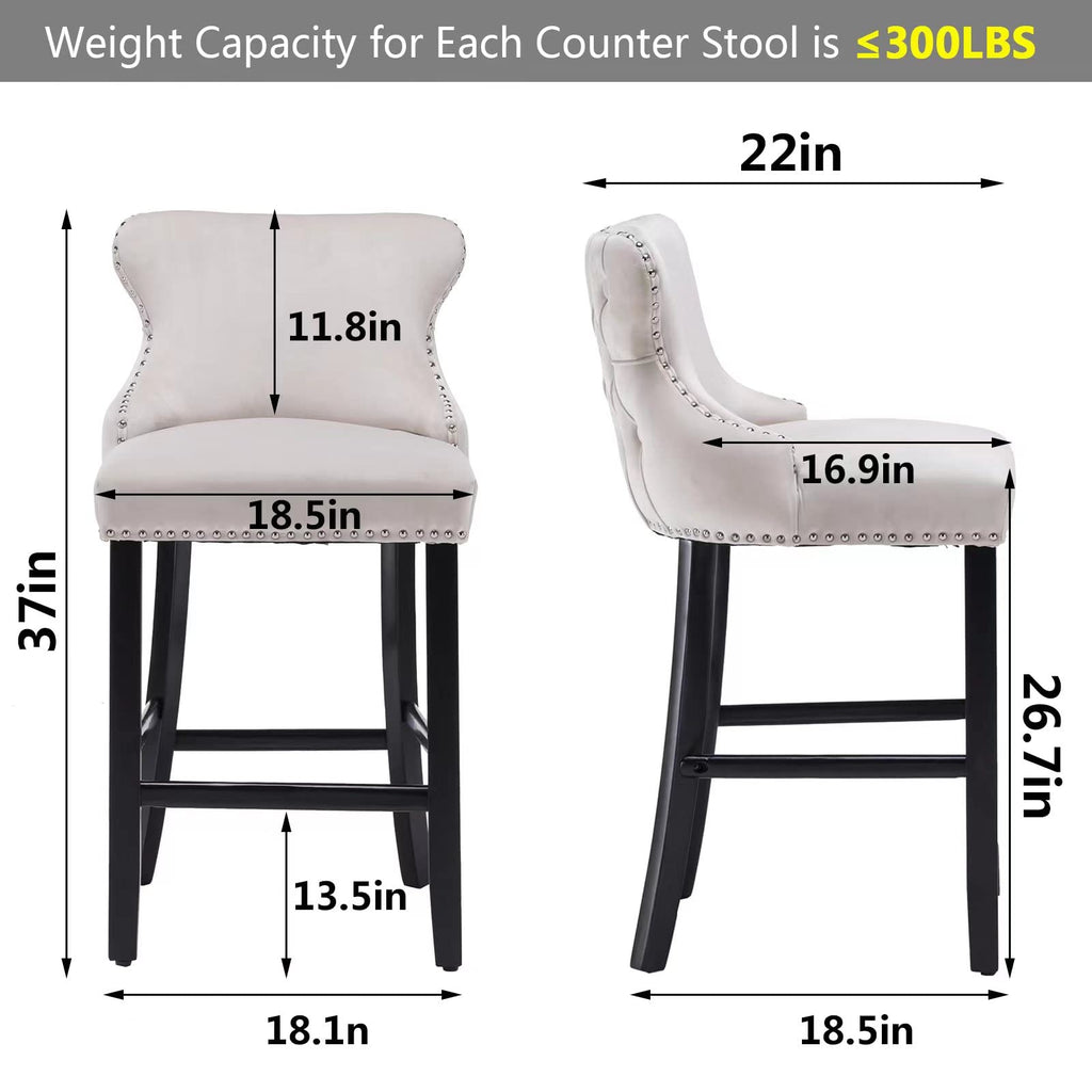 Velvet Wingback Bar Stools Set of 2, Upholstered Button Tufted Counter Height Bar Stool Chairs with Solid Wood Legs