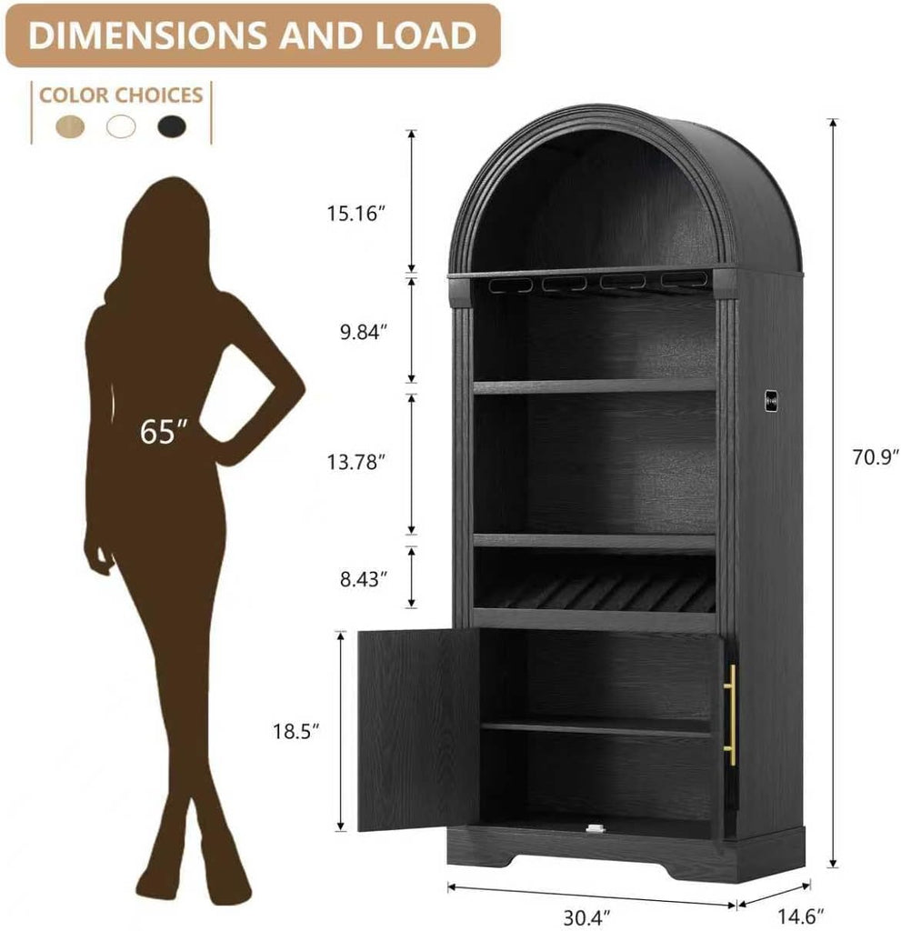 71" Arched Fluted Wine Bar Cabinet with LED Light and Wine Rack (Black) | Coffee Bar Cabinet Liquor Cabinet Motion