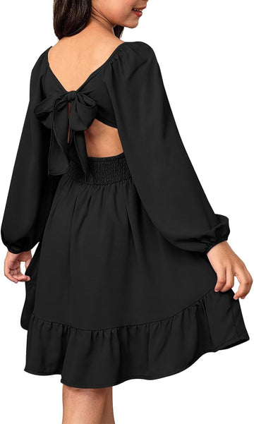 Girls Long Sleeve Tie Back Dress Fall Casual A-Line Ruffle