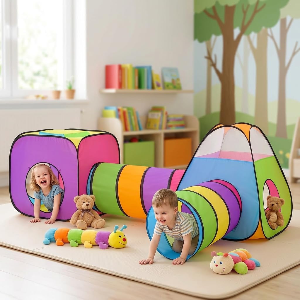 4pc Pop Up Children Play Tent : 2 Crawl Tunnel + 2 Tents : Kids Tents for Boys, Girls, Babies & Toddlers for Indoor &