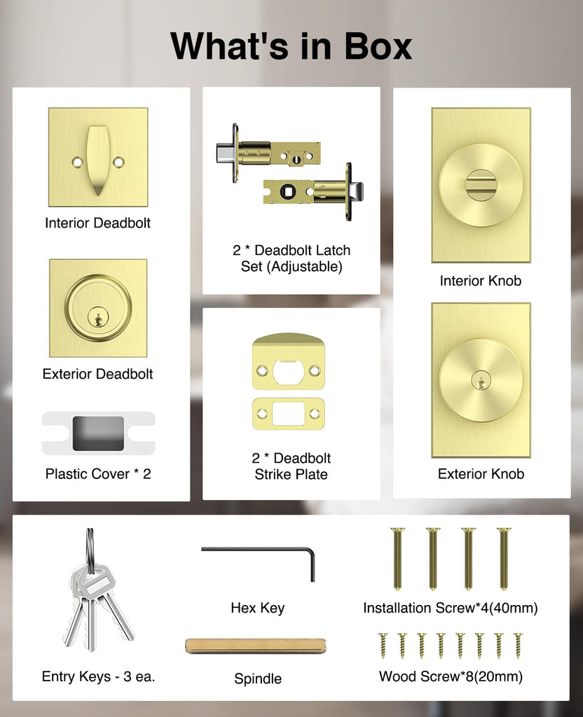 Exterior Door Knob and Deadbolt Set, 2 Pack Gold Front Door Lock Set Exterior, Keyed Alike Entry Door Knob for Right