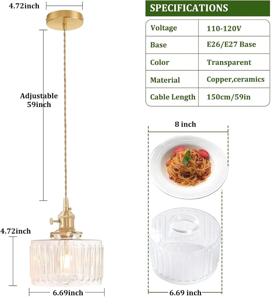 Pendant Light 2 Pack with Clear Striped Glass Lmapshade, Brass Vintage Pendant Light Adjustable Hanging Light for