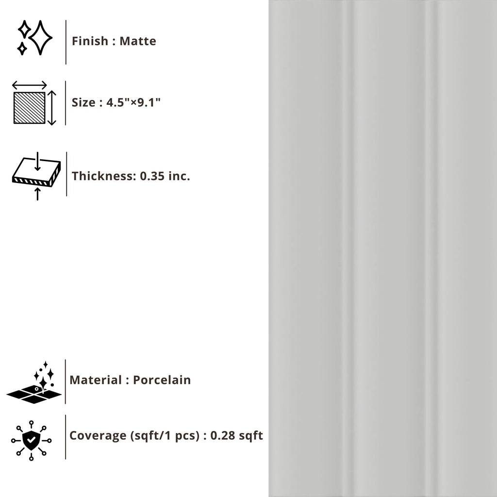 Slate Gray Ribbed Porcelain Wall Tile 4.5" x 9.1" Matte Finish, Fluted Decorative 3D Wall Tile Backsplash, Bathroom
