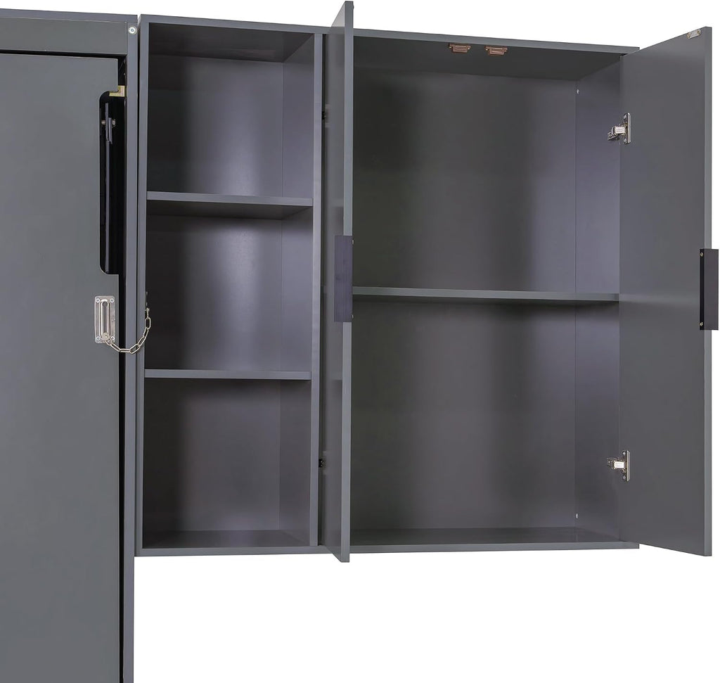 Queen Wall Murphy Bed with Upholstered Sofa & Desk, Solid Wood Foldable Platform Bed Frame with LED/USB Charging
