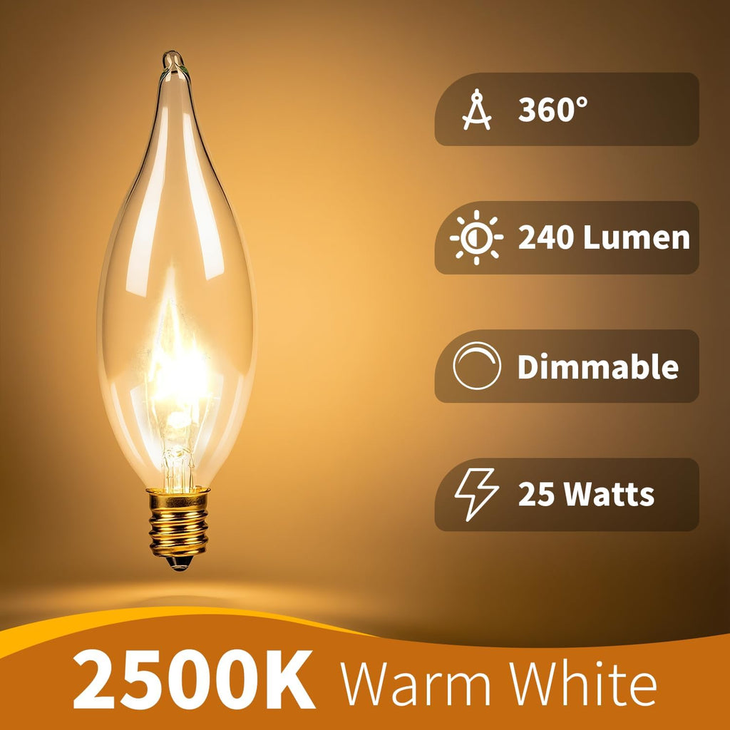 E12 Candelabra Light Bulbs 25W, 2500K Warm White, 240 Lumen Dimmable Chandelier Bulb for Ceiling Fan, CA10