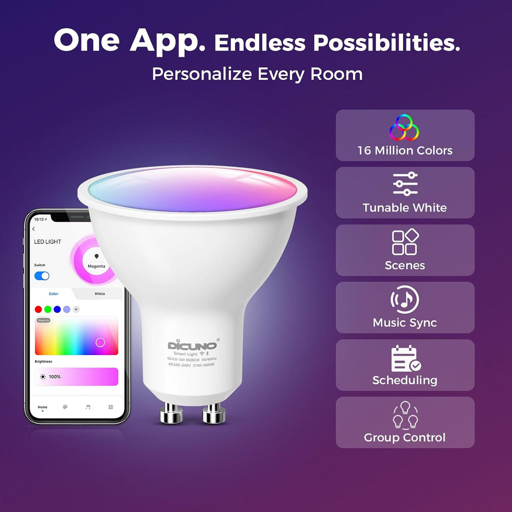 GU10 Smart LED Bulb, Color Changing, 50W Equivalent, 450LM, 4-Pack