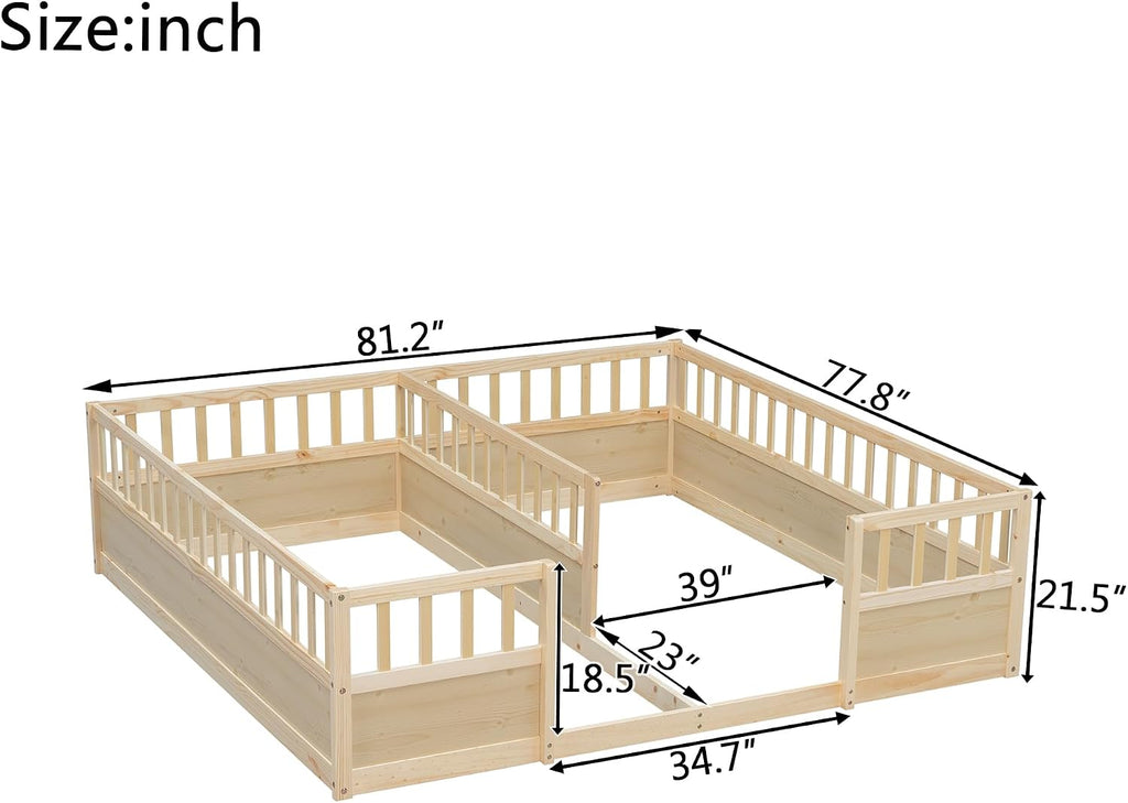 Double Bed with High Fence, Montessori Floor Bed for 2 Kids, Natural