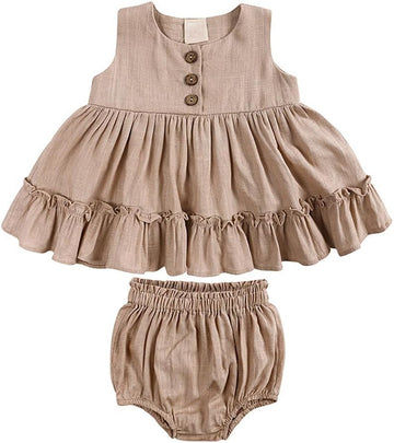 Baby Girls Cotton Linen Sleeveless Ruffles Dress Shirt Bloomer Shorts Clothing Sets 2pcs Summer Outfits