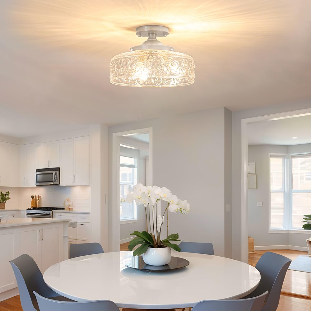 Brushed Nickel Semi Flush Mount Ceiling Light, 3-Light Close to Ceiling Light, Flush Mount Ceiling Lighting with