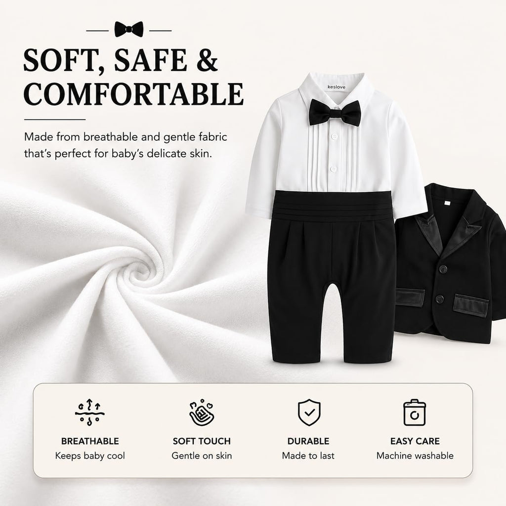Toddler Boy Formal Tuxedo Outfit Piece Set with Bow Tie & Blazer, Infant Baby Gentleman Suit