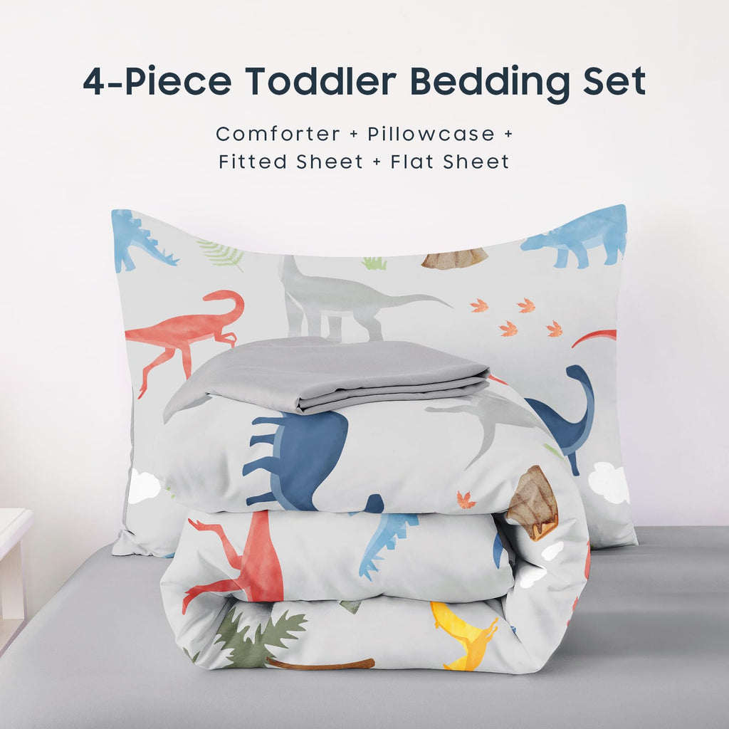Toddler Bedding Set for Boys, Colorful Jurassic Dinosaur Volcano, 4 Pieces Soft Crib Bed Set Including Comforter